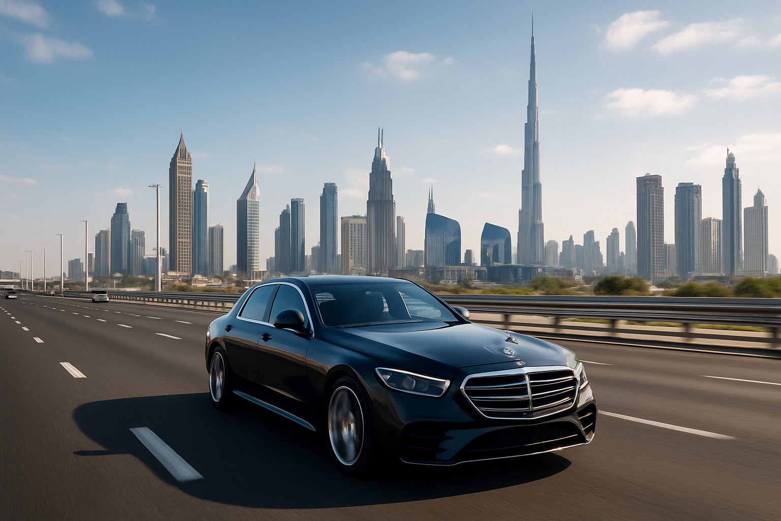 Luxury car driving on Sheikh Zayed Road with Dubai skyline