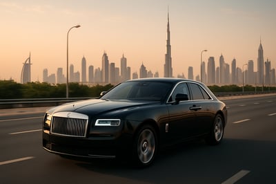 Luxury car driving on a Dubai road Luxury car driving on a Dubai road