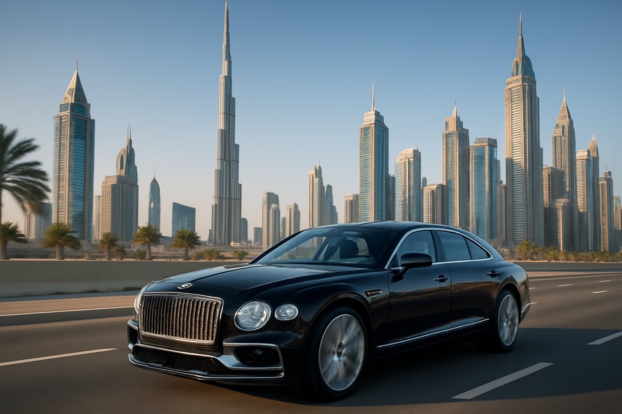 Luxury vehicle driving through Dubai cityscape Luxury vehicle driving through Dubai cityscape