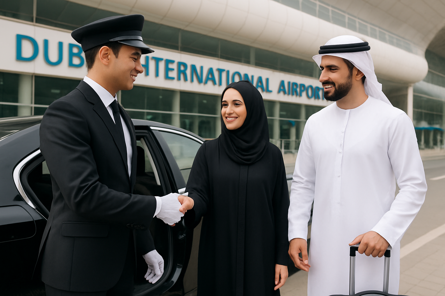 Professional chauffeur assisting passengers at Dubai International Airport