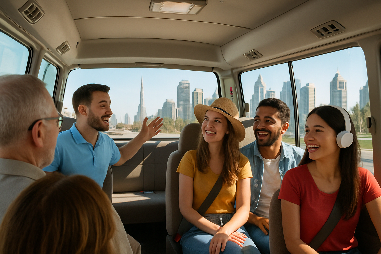 Tourist group enjoying a city tour in a comfortable minibus in Dubai